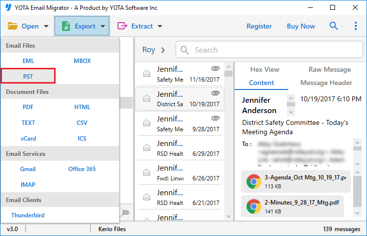 export kerio mailbox to pst