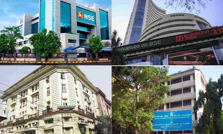 This image contains images of different building and those building are refers to the stock exchange in India