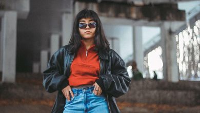wearing a leather jacket