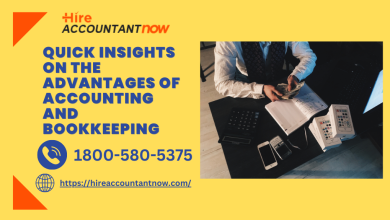 This image features a person sitting at a desk, using a calculator and a laptop for accounting and bookkeeping.